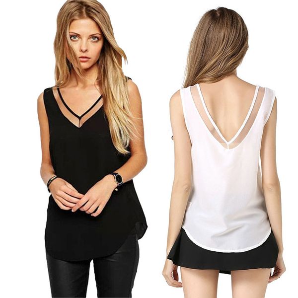 

new arrival summer woman blusa de la gasa v-neck solid loose chiffon vest ank t-shirt chemisier femme tonsee, Black;white