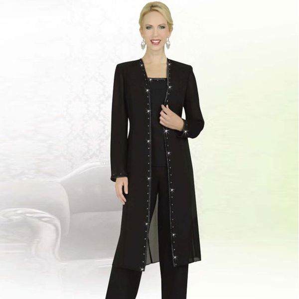 Bescheidene schwarze Perlen-Hosenanzüge für die Mutter der Braut, quadratischer Ausschnitt mit Jacken, Hochzeitsgastkleid, Plus-Size-Chiffon-Mutter-Bräutigam-Kleider