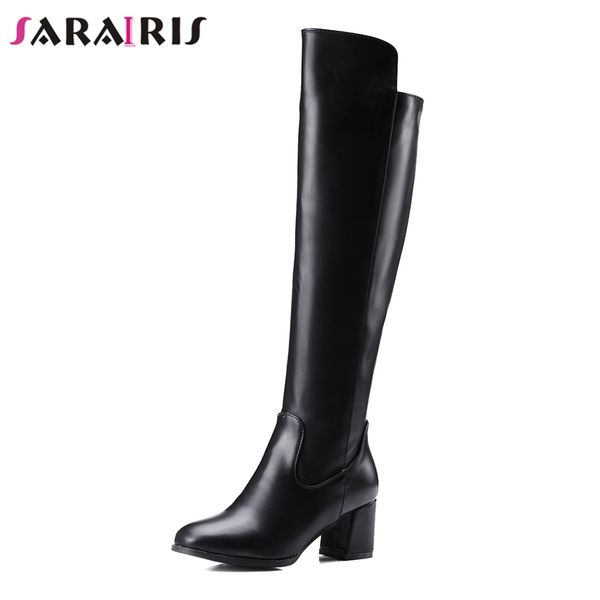 

sarairis 2018 women 5.5 square high heel shoes woman autumn winter fur shoes female knee high riding snow boots big size 30-48, Black