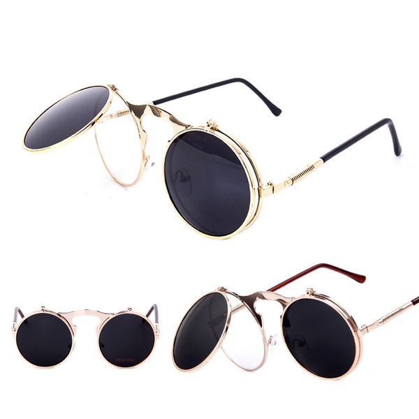 

luxury glasses vintage sunglasses round flip designer steam punk metal women coating sunglasses retro circle sun glasses