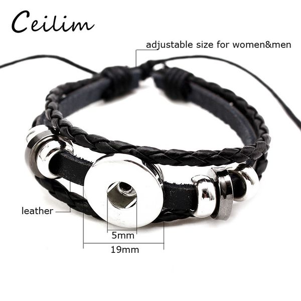 

fashion multilayer black leather bracelet fit 5mm metal button adjustable knot beads bracelet diy casual snap button jewelry gifts