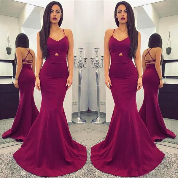 

Sexy Mermaid Spaghetti Straps Evening Gowns Fashion burgundy Open Back Sleeveless Cheap long Formal Party Dresses