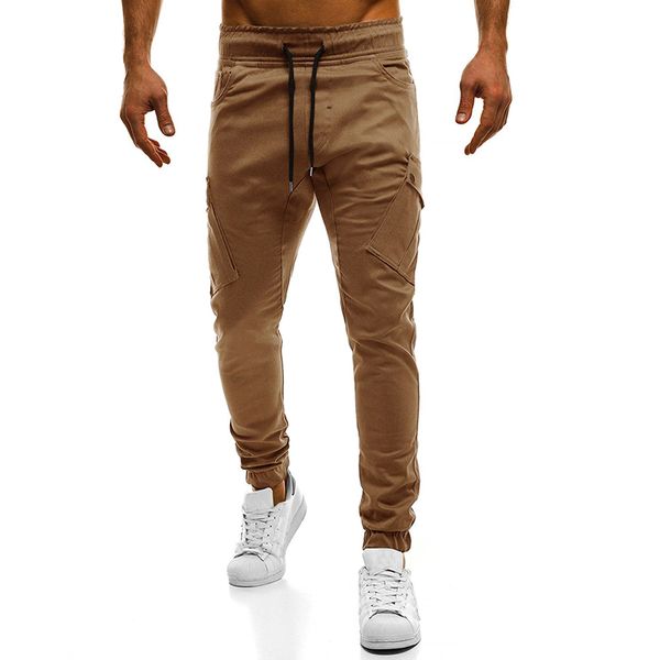 

large size men's casual pants fitness personality solid color pants slim pockets tether belt design casual 7451, Black