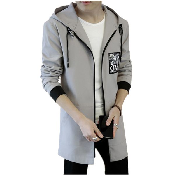 

men trench windbreaker solid color pattern hooded zipper pocket large size loose windbreaker, Tan;black