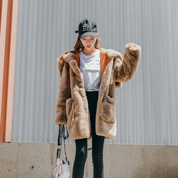 

2018 autumn and winter faux fur thick hooded coat md, Black