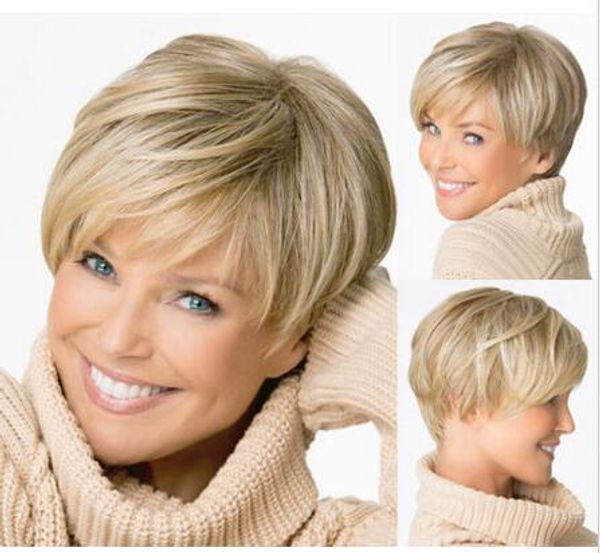 

woman short dark blonde fashion full wig cosplay party wig hair, Black;brown