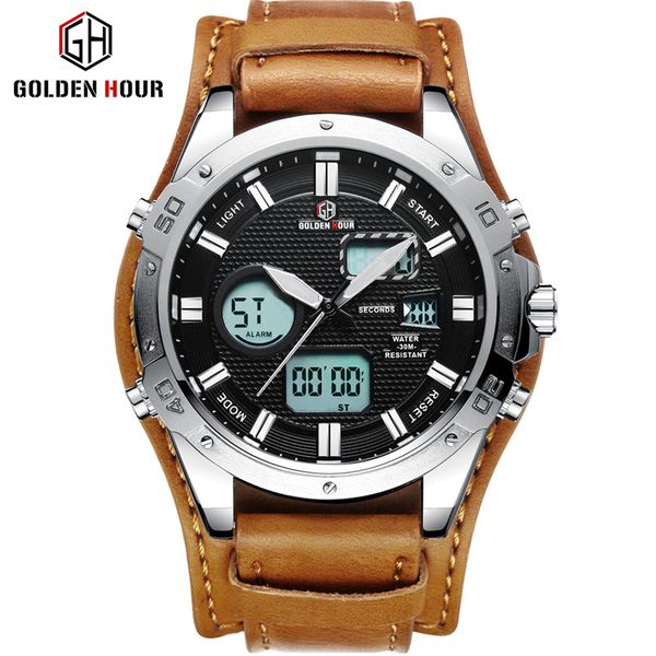 

goldenhour mens sport watches leather strap analog quartz watch men waterproof casual digital clock relogio masculino, Slivery;brown