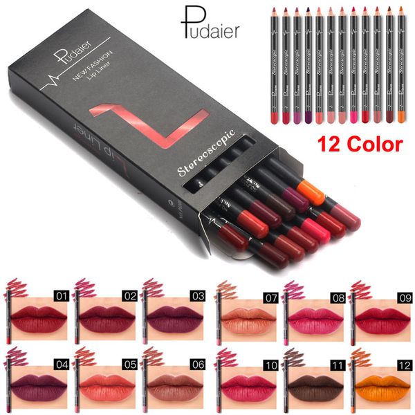 12 colori Pudaier Lip liner kit Elegante sexy Matte Lipliner Pencil Kit Impermeabile durevole Lip Liner Pencil Set Beauty Makeup Cosmetic