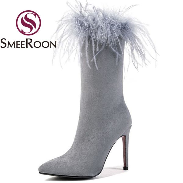 

smeeroon fashion mid calf boots for women pointed toe autumn winter boots thin high heels with faux fur shoes woman, Black