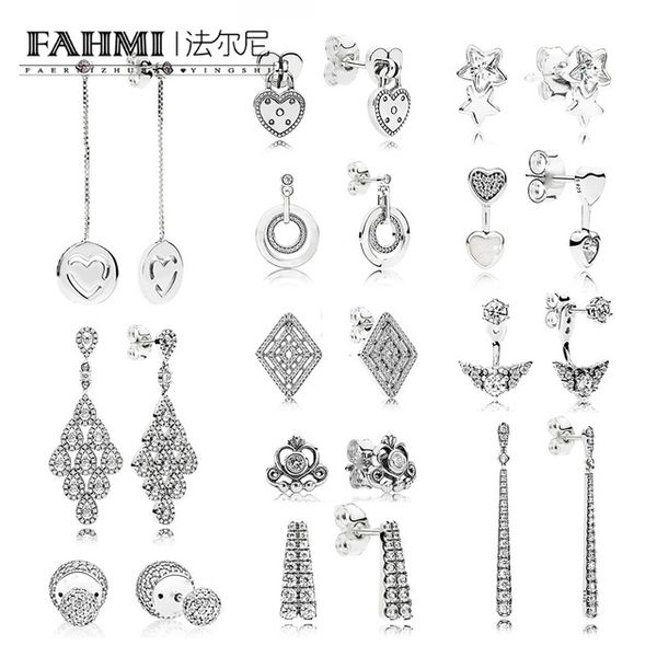 

fahmi 100% 925 sterling silver 1:1 genuine smile long stud earrings heart star geometric lamination charm long ear stud women, Golden;silver