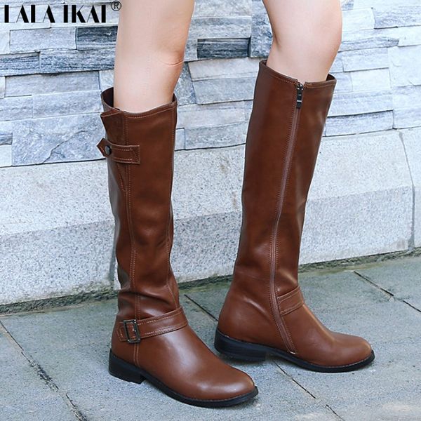 

lala ikai knee high boots women round toe square heels zipper ladies pu leather winter boots femininas big size xwc2285-5, Black