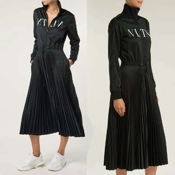 

brand designer letters women dresses 2018 autumn winter fashion high neck printed long sleeve drawstring waist pleated dresses streetwear, Black;gray