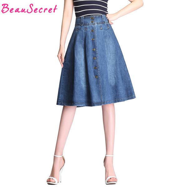 

high waist denim skirt women rivet pleated midi skirts womens plus size jeans skirt, Black
