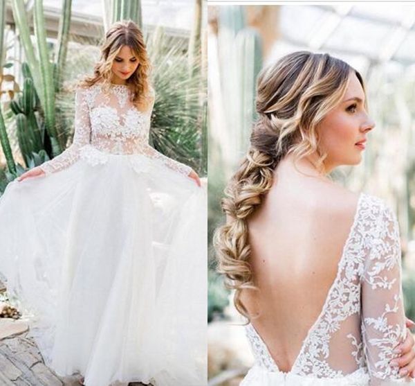 

2019 v backless a-line wedding dresses empire waist sheer long sleeve bateau lace dress bridal dress party dress for bride wedding gown, White