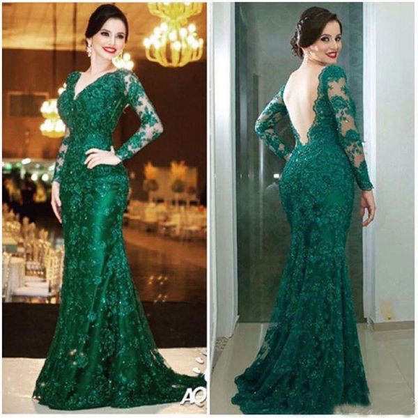 

Emerald Green Prom Dresses Mermaid 2018 Sexy V Neck Backless Long Sleeve Evening Wear Puls Size For Mother of the Bride Dress Party Gowns