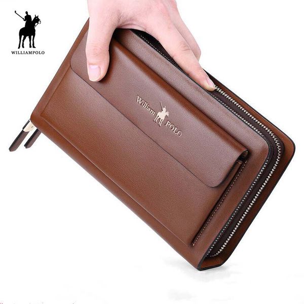 

williampolo 2018 fashion long design genuine leather wallet man metal corner phone wallet luxury black, Red;black