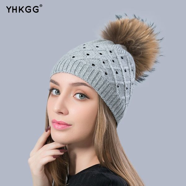 

yhkgg 2017 new autumn winter women wool pom pom fur hat solid colors rhinestones diamond knitted beanies cap, Blue;gray