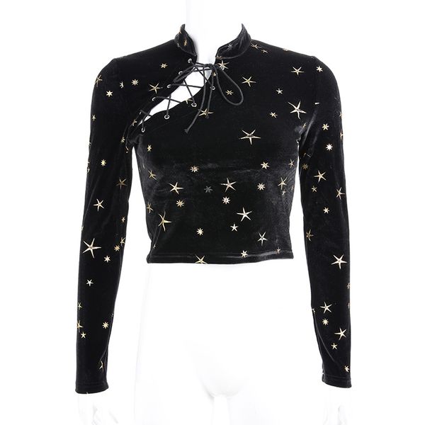 

2018 velvet chinese style stars printing bandage long sleeve lace-up t shirts women's fashion hollow out short tee female, White