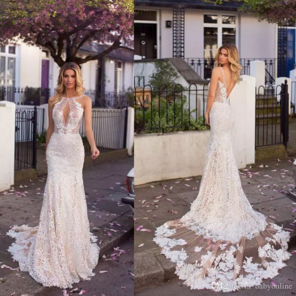 

romantic full lace mermaid wedding dresses 2019 champagne appliques low backless bridal gowns keyhole neck long country wedding dresses, White