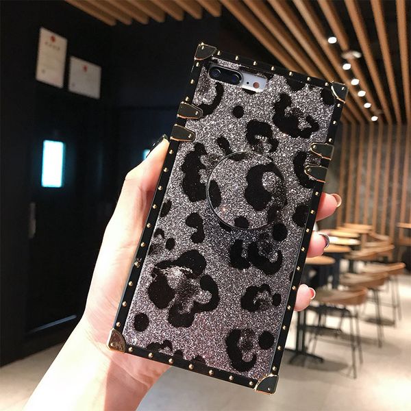 

One Piece Leopard Print Square Cases For iPhone XS MAX XS XR With Grip Stand Holder Back Cover For iPhone 6 7 8 Plus X