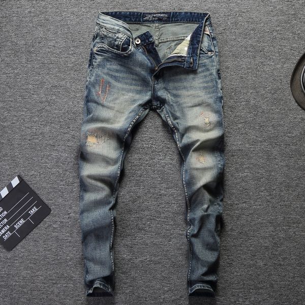 

fashion streetwear men's jeans slim fit retro washed destroyed ripped jeans for men elastic classical denim pants hip hop, Blue