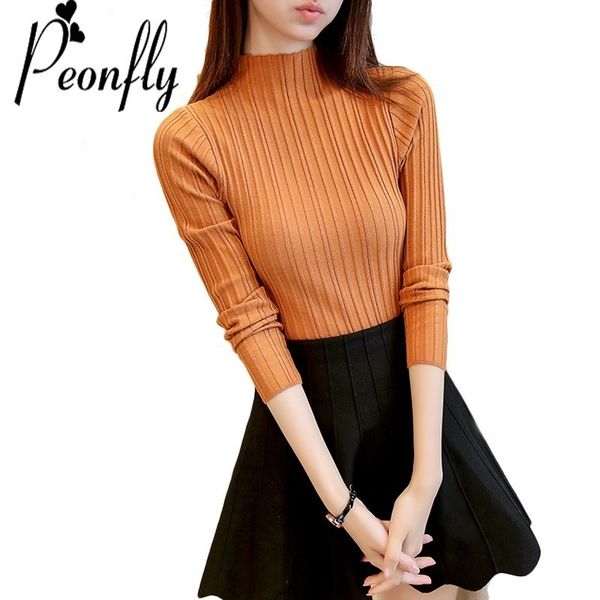 

peonfly knit elastic jumper sweaters women 2018 autumn fashion half turtleneck striped pullovers solid long sleeve female, White;black