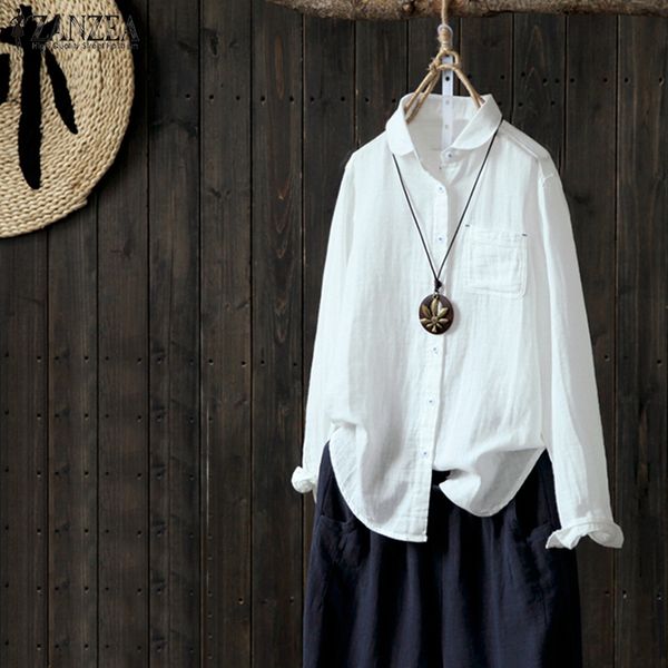 

zanzea women autumn blouse lapel neck long sleeve buttons down solid shirt casual cotton linen work white feminina blusas