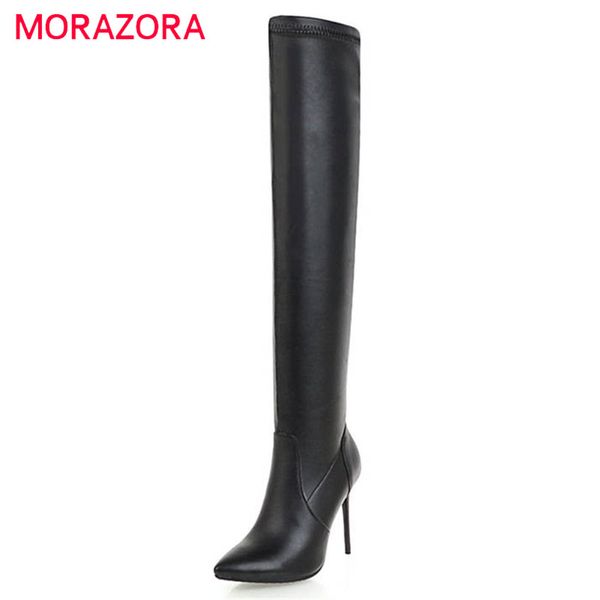 

morazora 2018 new fashion boots women thigh high over the knee boots slip on autumn winter long stiletto heels prom shoes, Black