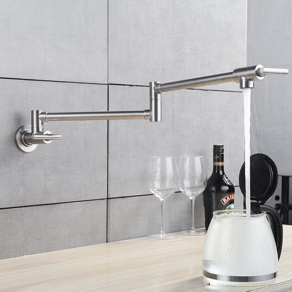 

kitchen tap wall mounted pot filler faucet double joint spout brushed nickel mixer taps single handle kitchen faucet