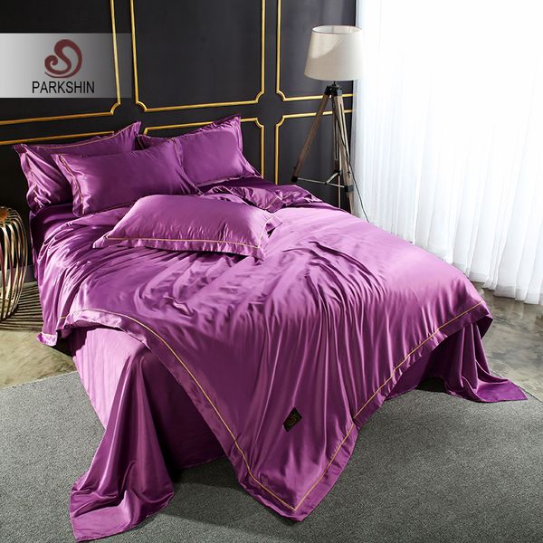 

parkshin luxury purple bedding set 100% silk home textiles soft comfort duvet cover silky bed set with flat sheet 4pcs