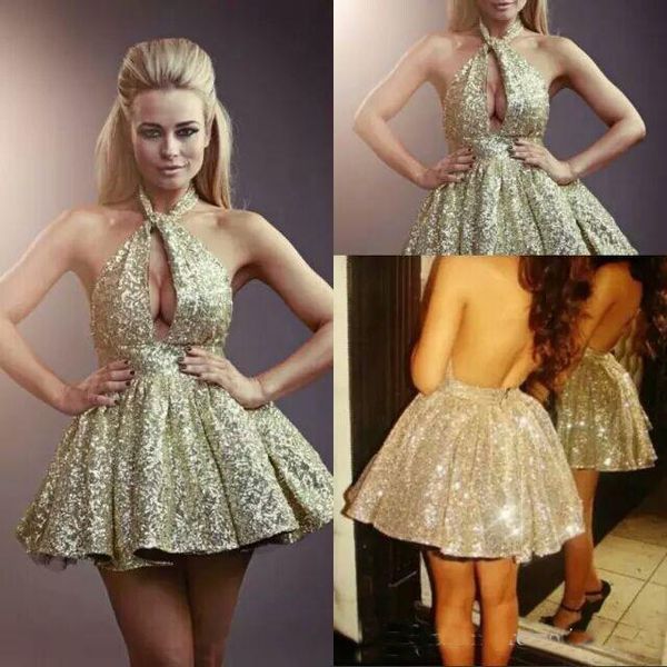 

Sexy Gold Halter Short Homecoming Dresses Gliter Sequins Mini Prom Dresses Cocktail Party Dresses Club Wear
