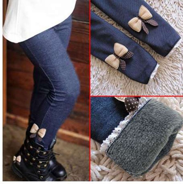 

thick warm winter spring jean pants bow girls trousers children pants, Blue