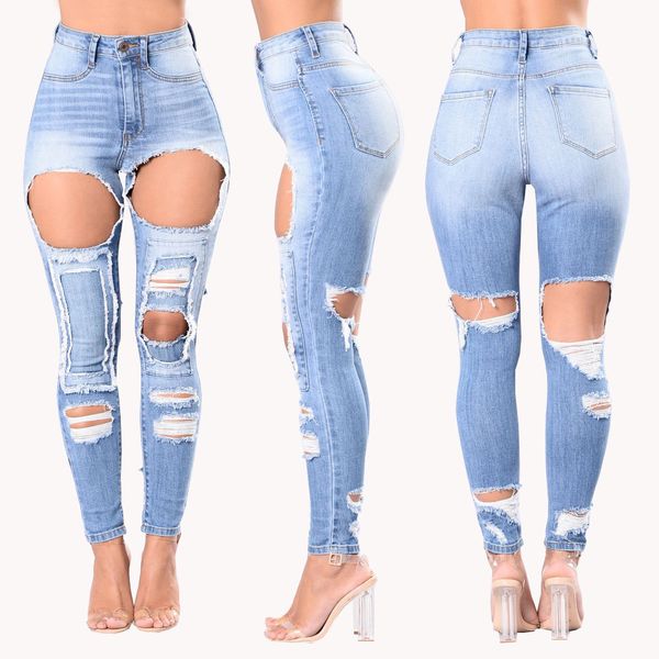 

women skinny ripped hole jean fashional mid waist casual slim long pant female trousers ing, Blue