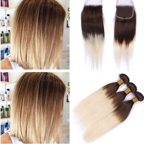 Two Tone # 4/613 Blonde Ombre Front Lace Closure 4x4 con 3 Bundles Straight Brown e Blonde Ombre Virgin Malese Trama di capelli umani