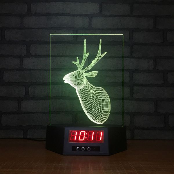 Milu Hirsch 3D Illusion Nachtlichter LED 7 Farbwechsel Schreibtischlampe Uhren Geschenke #R87