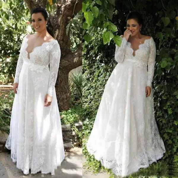 

plus size lace wedding dresses deep v neck long sleeves a line bridal gowns floor length african wedding vestidos custom made wedding dress, White