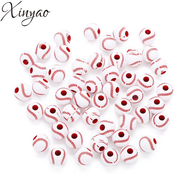 

xinyao 50pcs 12mm red white color acrylic beads baseball spacer round beads with big 4mm hole for diy jewelry making f7402