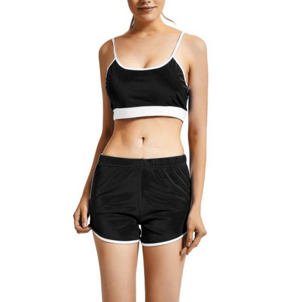 

women fashion summer fitness sets solid tracksuit sets backless midriff crop + shorts suits out work suits, White