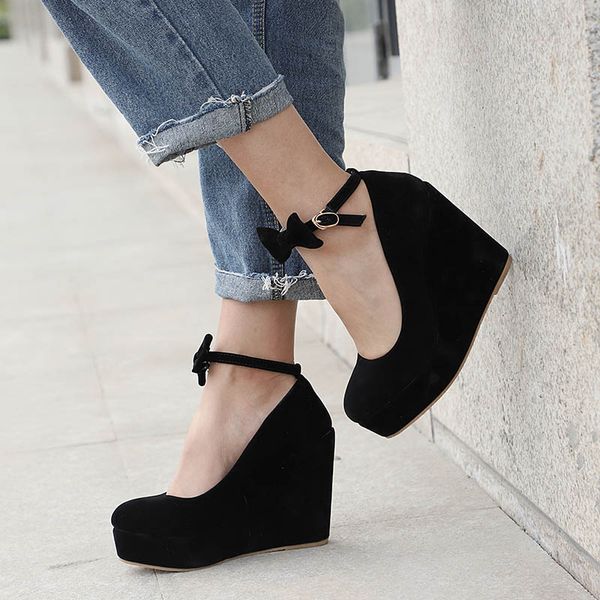 

women high heels elegant wedges wedding dress pumps female flock platform buckle ankle strap bowtie shoes plus size, Black