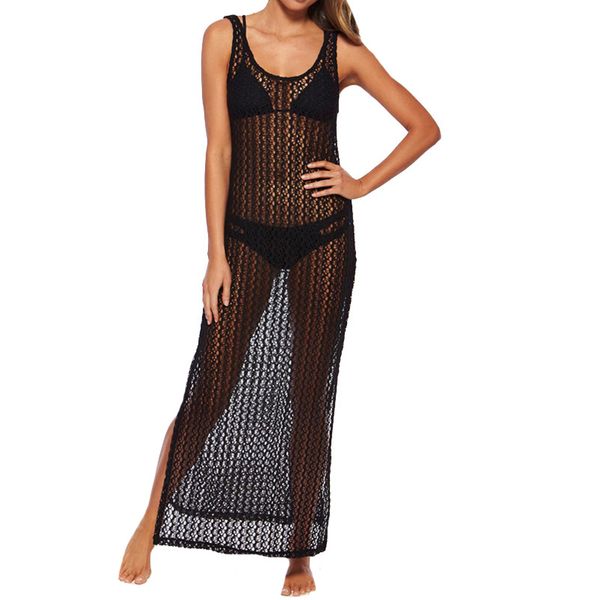

2018 hollow out lace dress women summer sleeveless mesh backless dresses plus size maxi dress vestidos, Black;gray