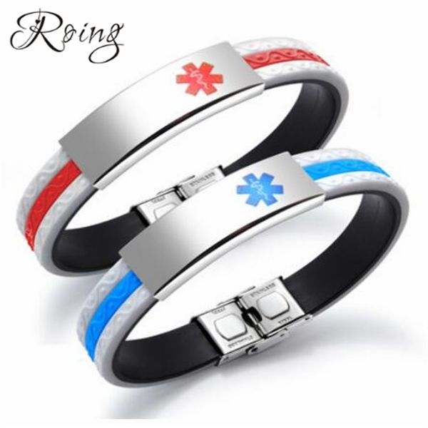 

roing medical alert силиконовый браслет из нержавеющей стали id ремешок медицинское предупреждение браслеты для мужчин женщин красный синий, Black