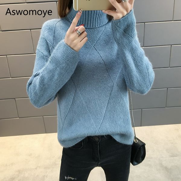 

2018 fashion turtleneck sweater thicken women's winter warm coat new style knitted pullovers solid color full sleeve haute coutu, White;black