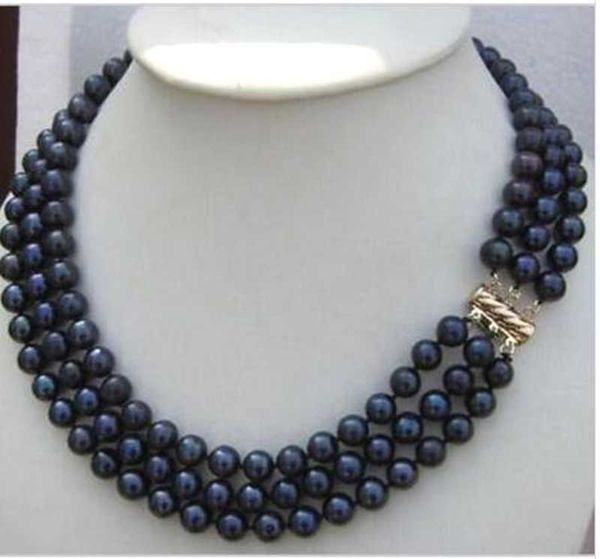 

triple strands 7-8mm natural tahitian black pearl necklace 18-20inch 14k, Silver