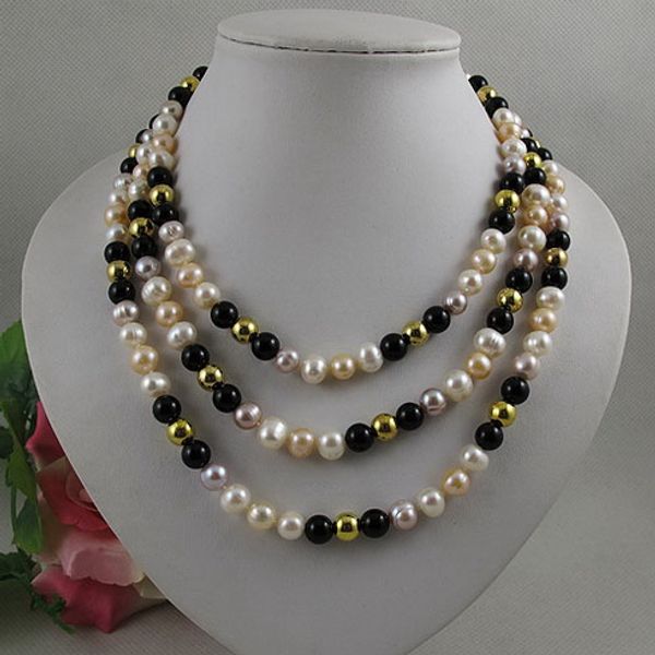 

unique pearls jewellery store,natural color white pink purple freshwater pearl black agates necklace,150cm long jewellery, Silver