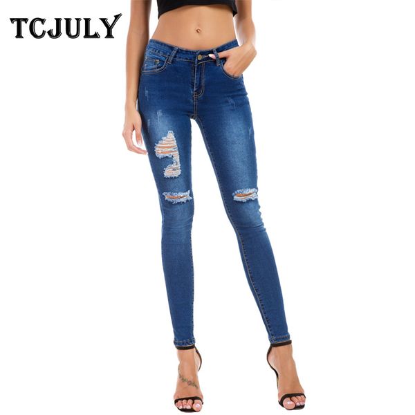 

tcjuly fashionable bleached ripped jeans for women skinny stretch push up denim pencil pants streetwear casual blue ladies jeans