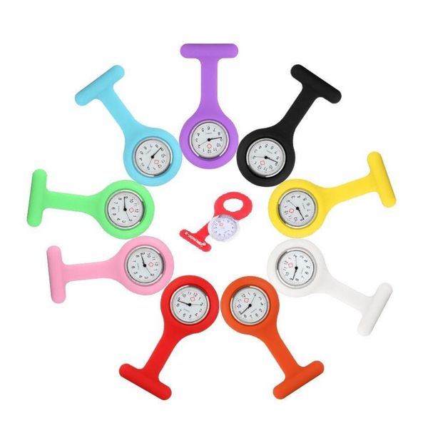 

men women silicone nurse watch brooch tunic fob watch candy color doctor medical analog quartz watches clock time, Slivery;golden