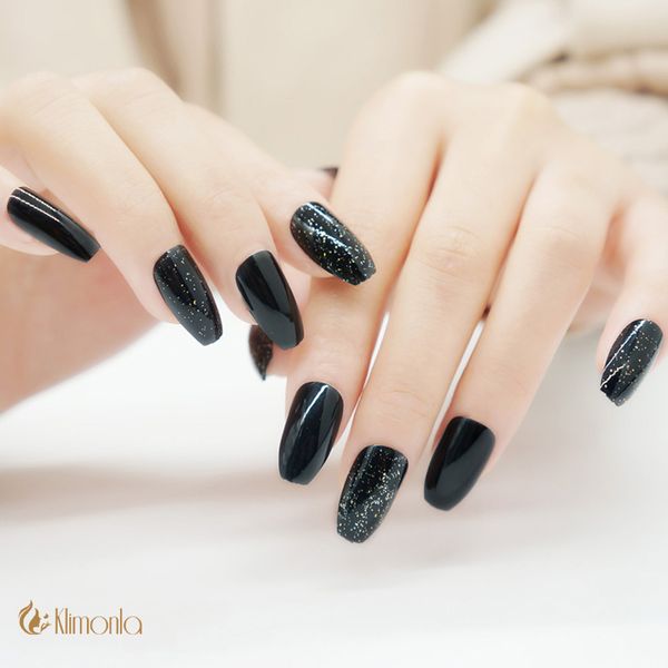 

24pcs/set black false nails ballerina/coffin french glitter uv gel design acrylic nail tips square head fake nails tips 2018 new, Red;gold