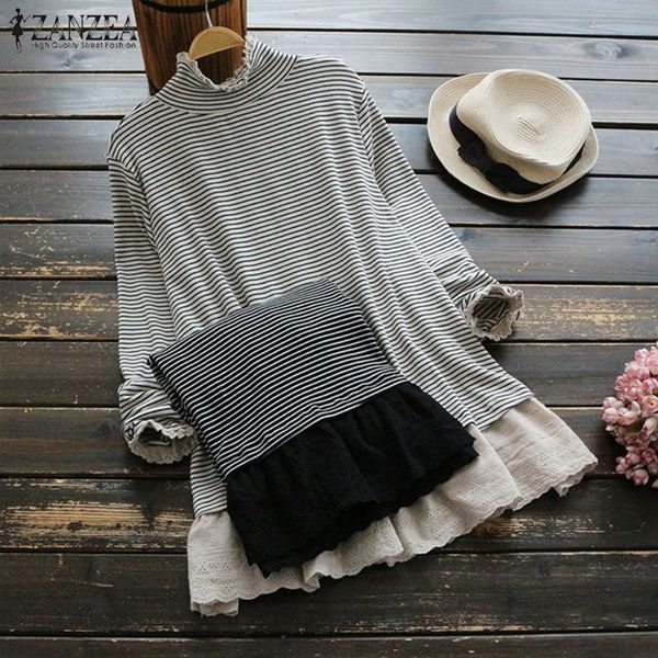 

zanzea autumn women vintage turtleneck ruffles striped blouse long sleeve patchwork ladies basic blusas loose casual shirt, White