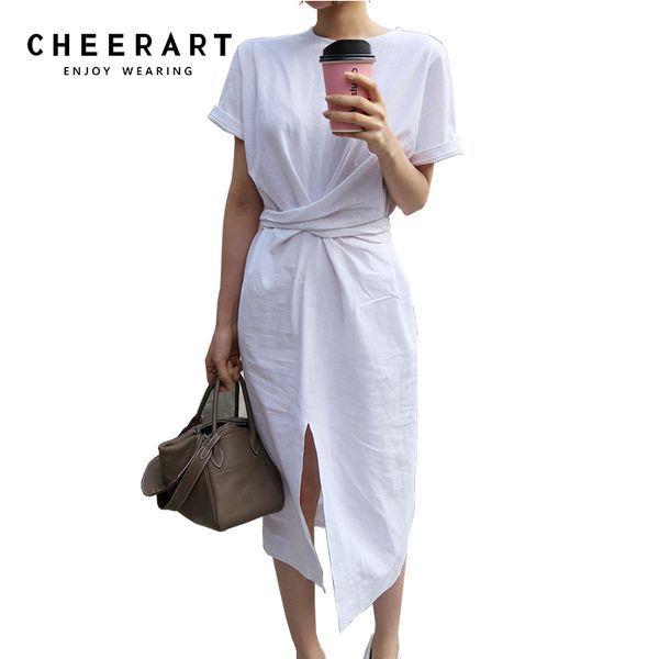 

cheerart summer wrap dress women loose simple casual long side split bandage white/green/brown korean dress 2017 robe femme, White;black