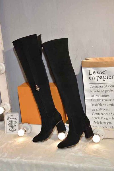 

original box] luxury new womens thigh-high winter snow knee boots stretch fleece motorcycle knight high heel 75mm sheepskin suede black